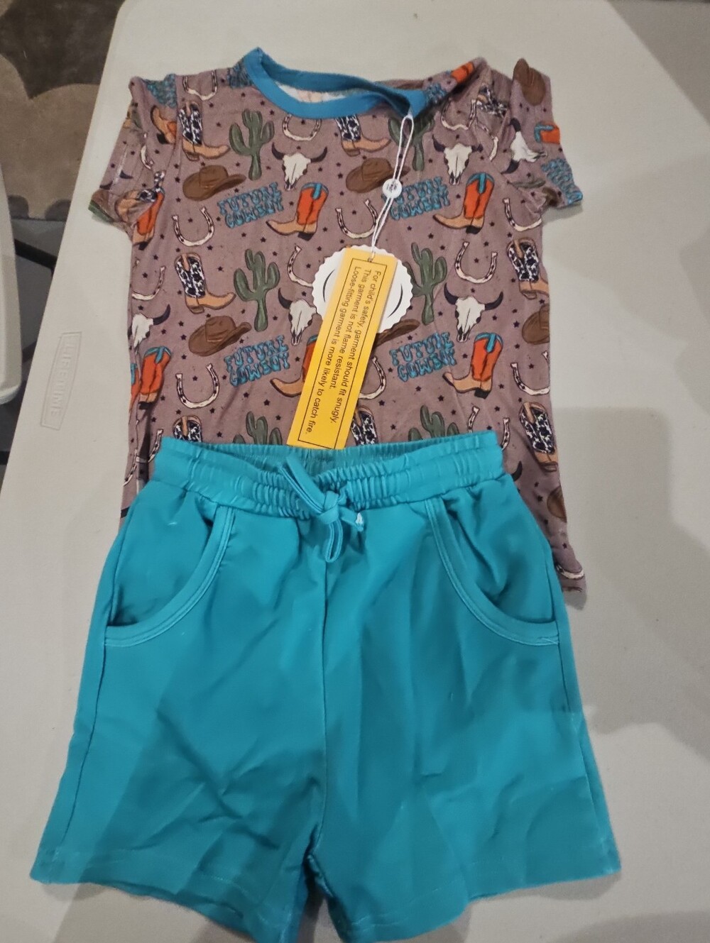 Western Print Tee with Teal Drawstring Shorts Bamboo Day Wear